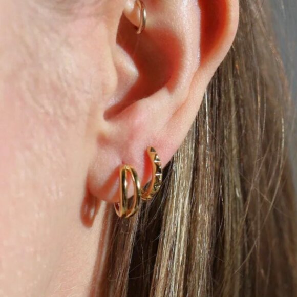 Gold Double Huggie Earrings Hypoallergenic Earrings Everyday Small Hoop Earrings - Picture 15 of 16